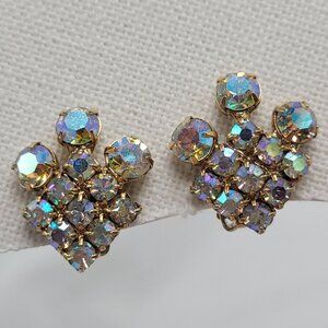 Vtg Aurora Borealis Rhinestone Gold-Tone Clip-On Earrings Jewelry